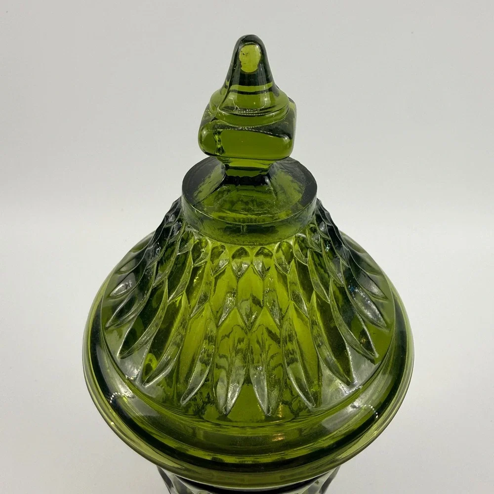 Indiana Glass Diamond Point Avocado Green Apothecary Jar Covered Pedestal